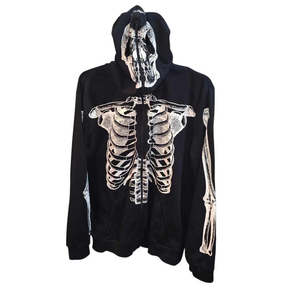 Social Collision Sz L Black Zip Skeleton Skull Skate Grunge Goth Sweater Jacket